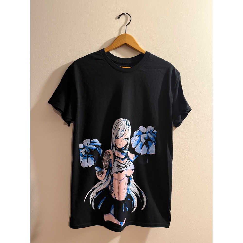 Anime Graphic Cheerleader T-Shirt Mens Black Short Sleeve Streetwear Tee